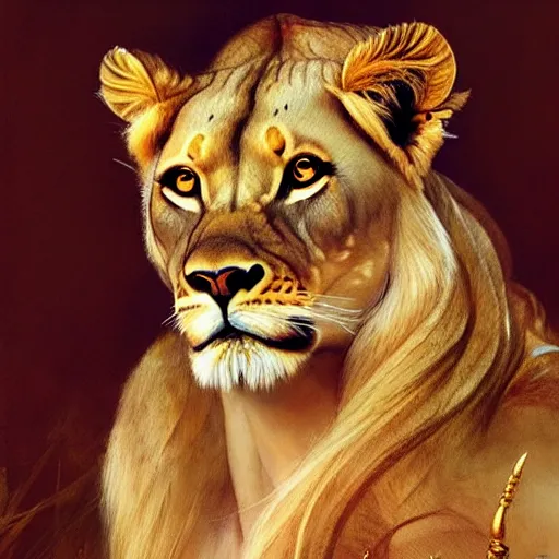 Image similar to highly detailed portrait of a majestic lioness queen in the form of a beautiful woman. d & d, art by don maitz and ruan jia and carl larsson. trending on artstation, intricate details, energetic composition, golden ratio, concept art, illustration, elegant art