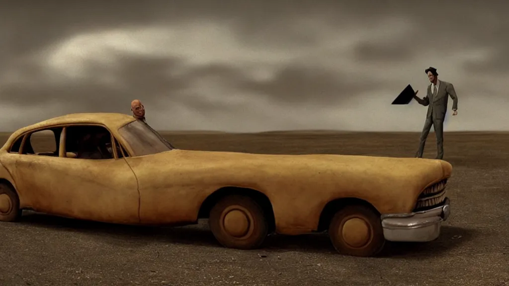 Image similar to the creature sells a used car, made of wax and oil, film still from the movie directed by Denis Villeneuve with art direction by Salvador Dalí, wide lens