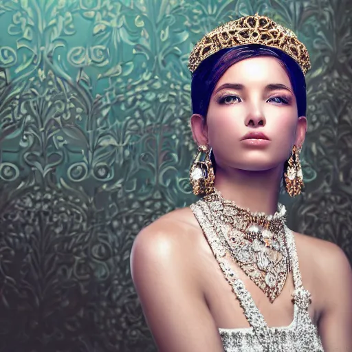 Image similar to portrait of pretty princess with perfect skin, glowing, ornate and intricate diamond jewelry, jaw dropping beauty, ornate and intricate backdrop, white accent lighting, hyper detailed, 4 k octane render