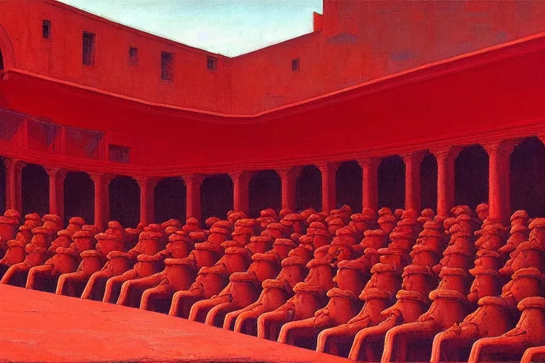 Image similar to only with red, a red melted emperor, taormina amphitheatre, crowd hails him happy, in the style of beksinski, parts by edward hopper, parts by rodcenko, parts by yue minjun, intricate and epic composition, red by caravaggio, insanely quality, highly detailed, masterpiece, red light, artstation, 4 k