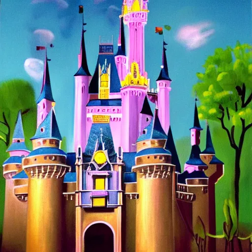 Image similar to painting of cinderella castle at magic kingdom by Mary Blair