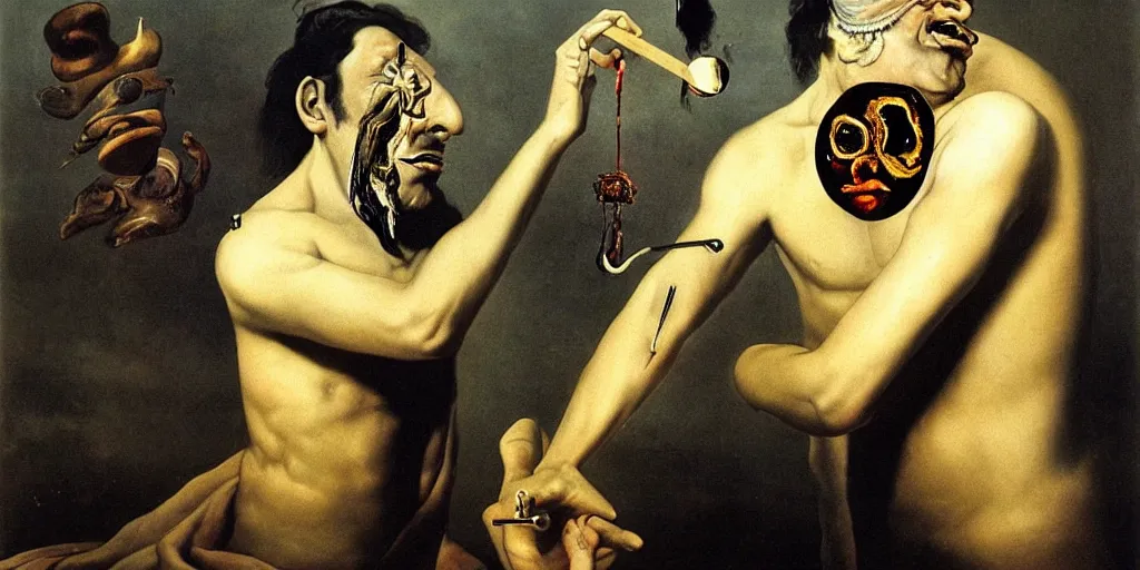 Image similar to a man removing a nail from his third eye by dali