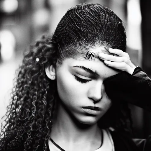 Image similar to black and white fashion photograph, highly detailed portrait of a depressed Zendaya as a drug dealer on a busy Paris street, detailed face looking into camera, eye contact, natural light, rain, mist, lomo, fashion photography, film grain, soft vignette, sigma 85mm f/1.4 1/10 sec shutter, Daren Aronofsky film still promotional image, IMAX 70mm footage