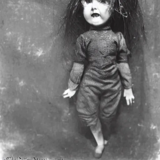 Image similar to creepy dirty cracked vintage doll in darkly lit dusty basement cobwebs photo by william mortensen