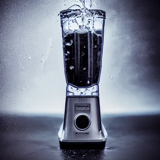 Image similar to dslr photo of a blender full of water, tornado inside of blender, full bodied portrait, very high quality, intricate details, extremely high quality, moody lighting, real camera, real photo, 8 k, full subject in shot, commercially ready