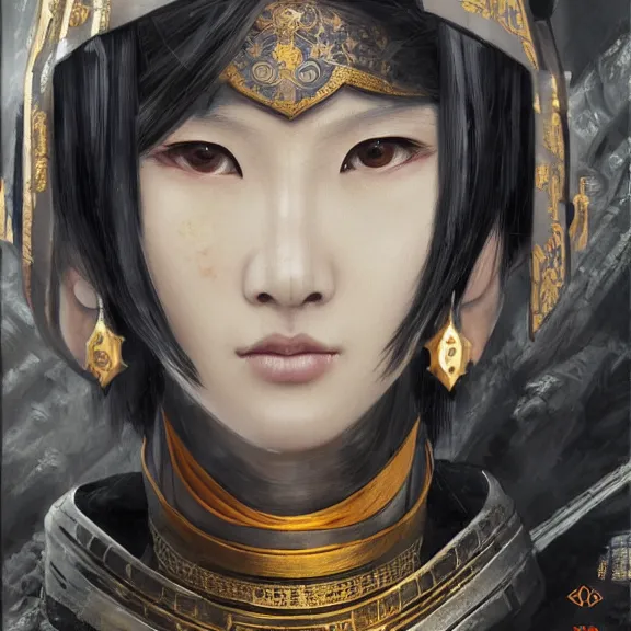 Prompt: ancient chinese princess with cyberpunk mask, dynasty warriors, holy, headshot, unreal engine, 8 k, silver and gold color scheme, headshot, highly detailed, smooth, ink painting, artstation, concept art, in style of yoji shinkawa, pan ren wei, col price, atey ghailan, by greg rutkowski, aesthetic