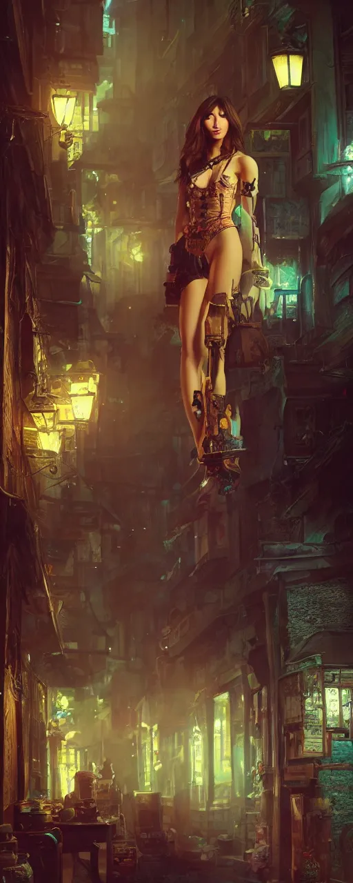 Prompt: portrait of tavern bard gemma chan infront of tiny, narrow dark streets with exotic dancers, exterior, two stories, vaporwave aesthetics, 8 k uhd, unreal engine, octane render in the artstyle of finnian macmanus, john park and greg rutkowski