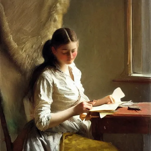 Image similar to a teenage girl with a ponytail is writing a letter with a golden feather pen, by anders zorn, oil painting