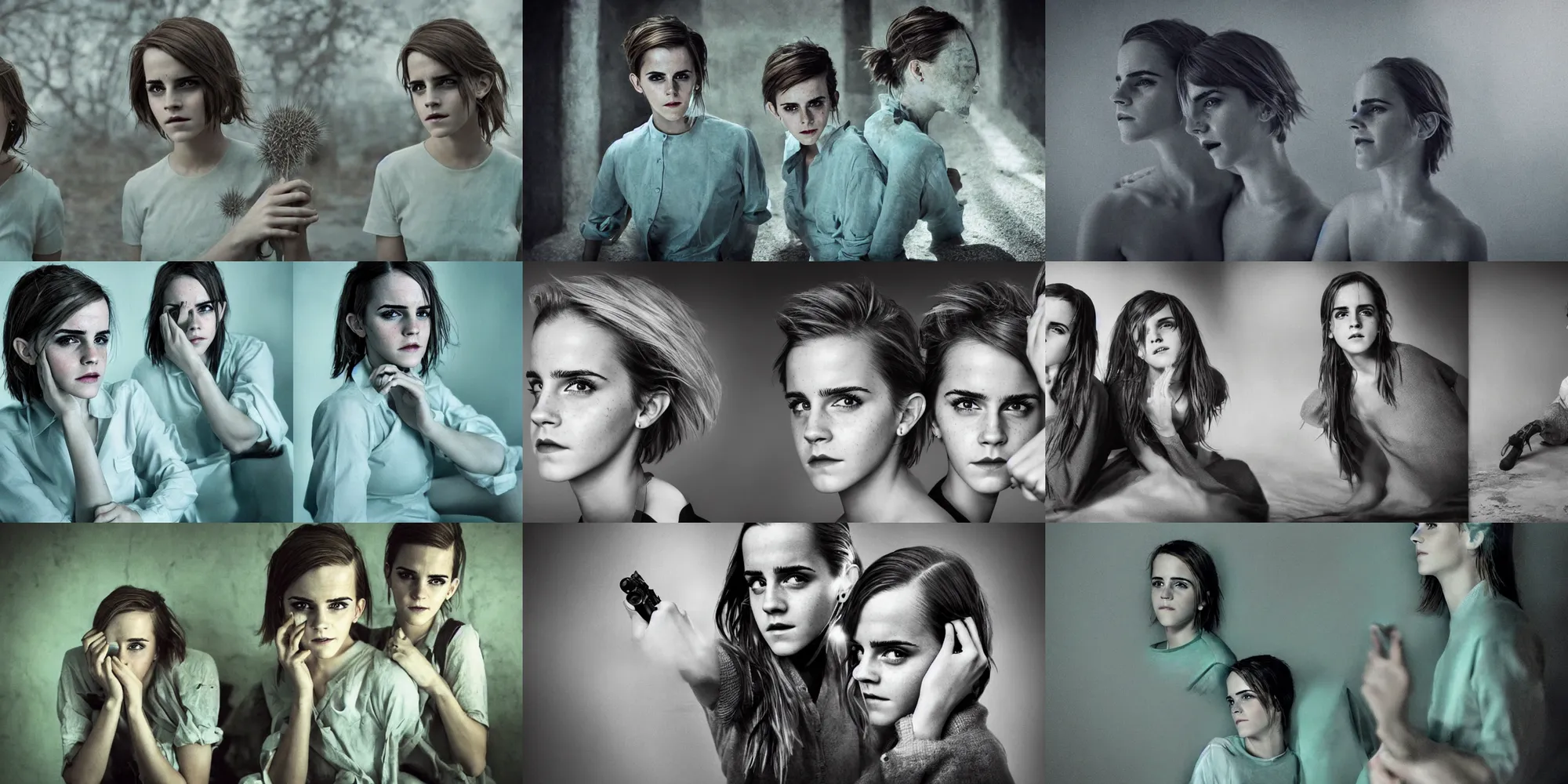 Prompt: portrait emma watson identical twins short spiky hair gel screaming greg rutkowski!!! greg rutkowski!!! james gurney james gurney canon eos david bailey!!! david bailey!!!! corinne day cinematic filmic photorealistic hyperdetailed cinematic lighting canon fujifilm sony alpha nikon pale green pale blue