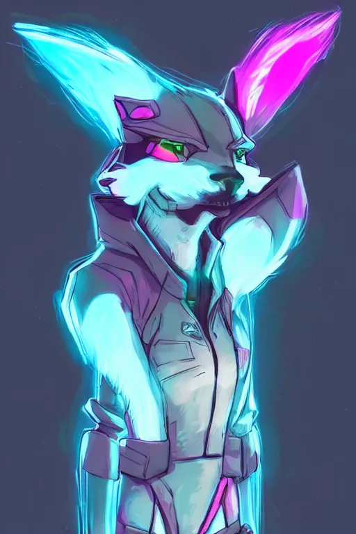 Image similar to a cyberpunk anthropomorphic fox with a fluffy tail, comic art, trending on furaffinity, cartoon, kawaii, backlighting, furry art!!!, neon, concept art