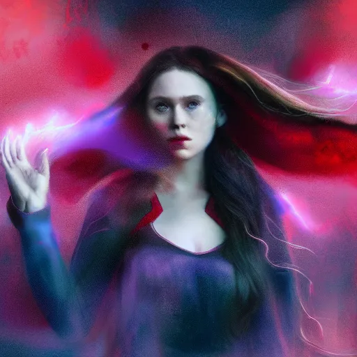 Prompt: Wanda Maximoff chaos magic, scarlet witch, levitating, digital painting, cinematic, moody, soft light