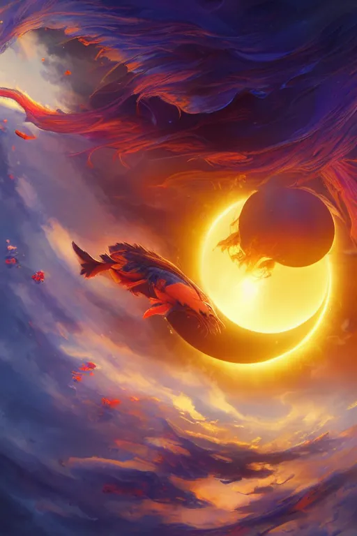 Prompt: a very beautiful solar eclipse,, vibrant colors, ( ( ( koi colors ) ) ), octane render, jesper ejsing, james jean, justin gerard, tomasz alen kopera, cgsociety, fenghua zhong, makoto shinkai, highly detailed, rim light, art, cinematic lighting, very coherent, hyper realism, 8 k