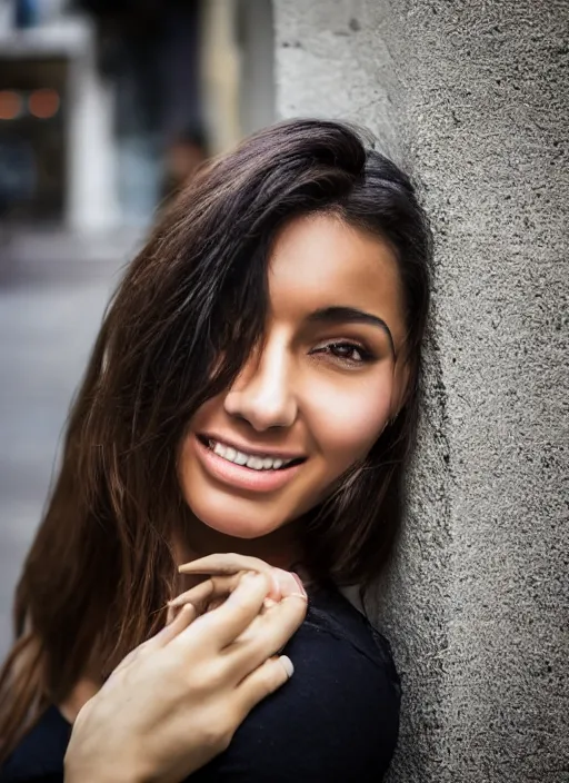 Prompt: color medium shot portrait of beautiful well-groomed Brazilian 26-year-old woman model, candid street portrait in the style of David Lazar award winning, Sony a7R