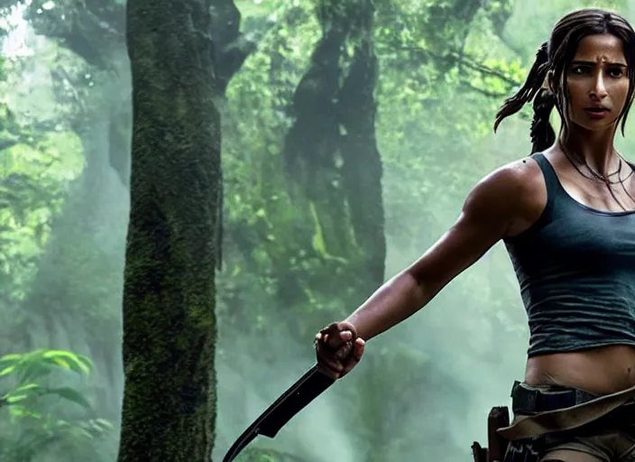 Image similar to film still of!!!! naomi scott!!! as lara croft in new tomb raider movie, 8 k