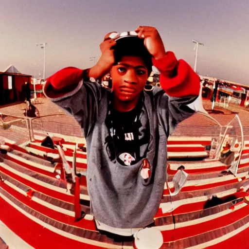 Prompt: 1 9 9 0's rapper holding a bottle of coca - cola, fisheye lens