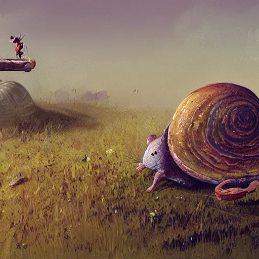 Image similar to tiny mouse riding a large snail across a field, painting by ismail inceoglu,