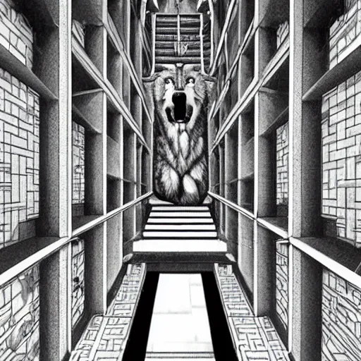 Image similar to a giant wolf in a huge bright maze of many doorways and lots of stairs, many doorways, inside MC Escher architecture, artstation, Junji Ito, epic composition