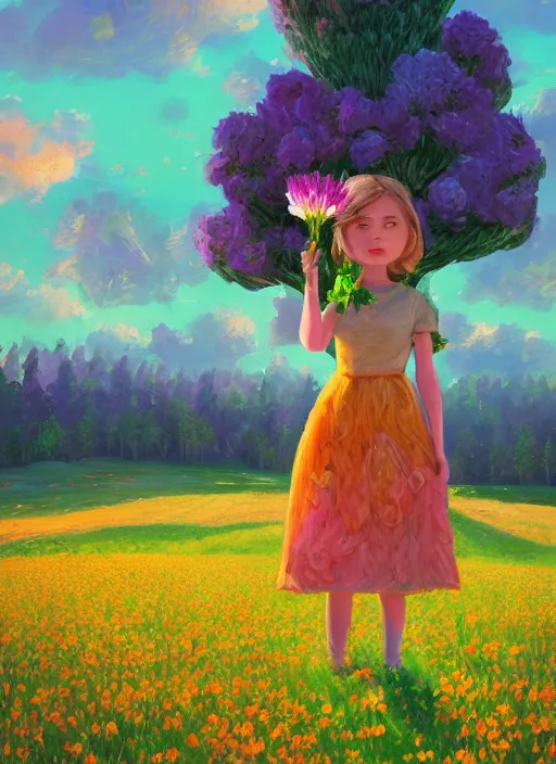 Image similar to girl with giant flower as a face and flower dress, standing in a flower field hills, big trees, sunrise dramatic light, impressionist painting, colorful clouds, digital painting, pointillism, artstation, simon stalenhag