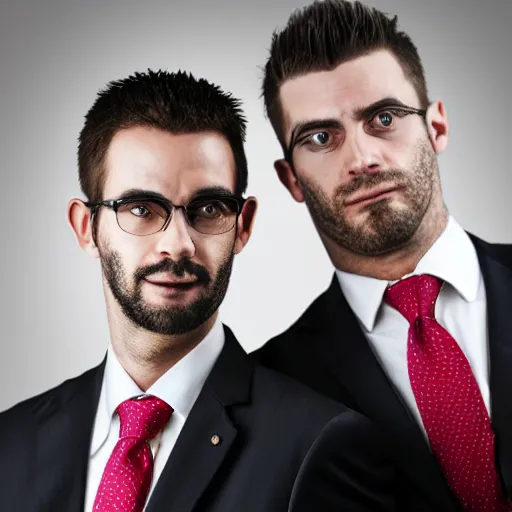 Prompt: two very ugly brothers in very expensive suits. Photograph.