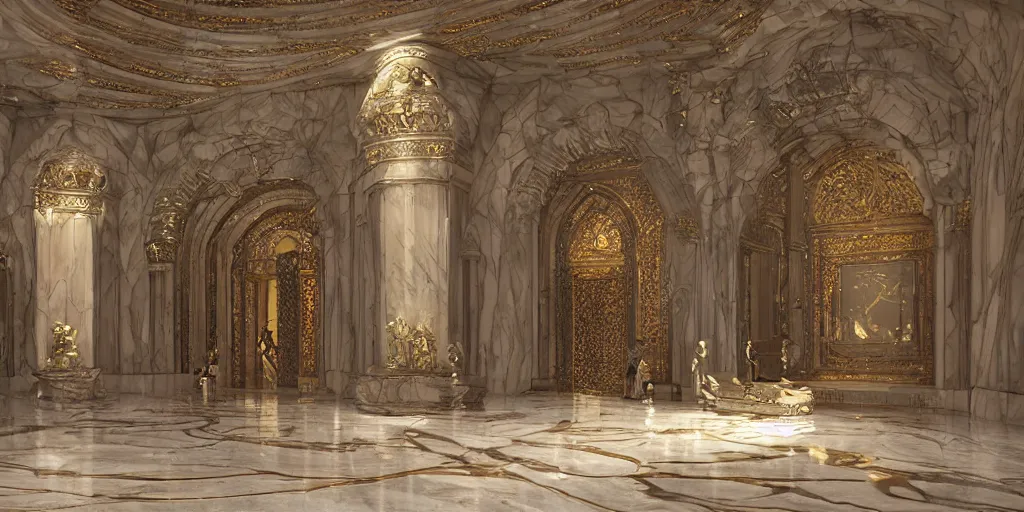 Image similar to the grand magical entrance, marble floors, art by kotaro chiba, volumetric lighting, epic composition