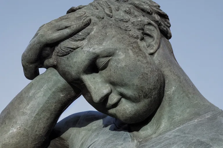 Prompt: A photograph of a large statue of a male athlete holding his head high and his hands wide, symbolizing humanity, ambition and determination, photo taken from a distance so that the full statue is visible, high resolution image taken with a DSLR camera