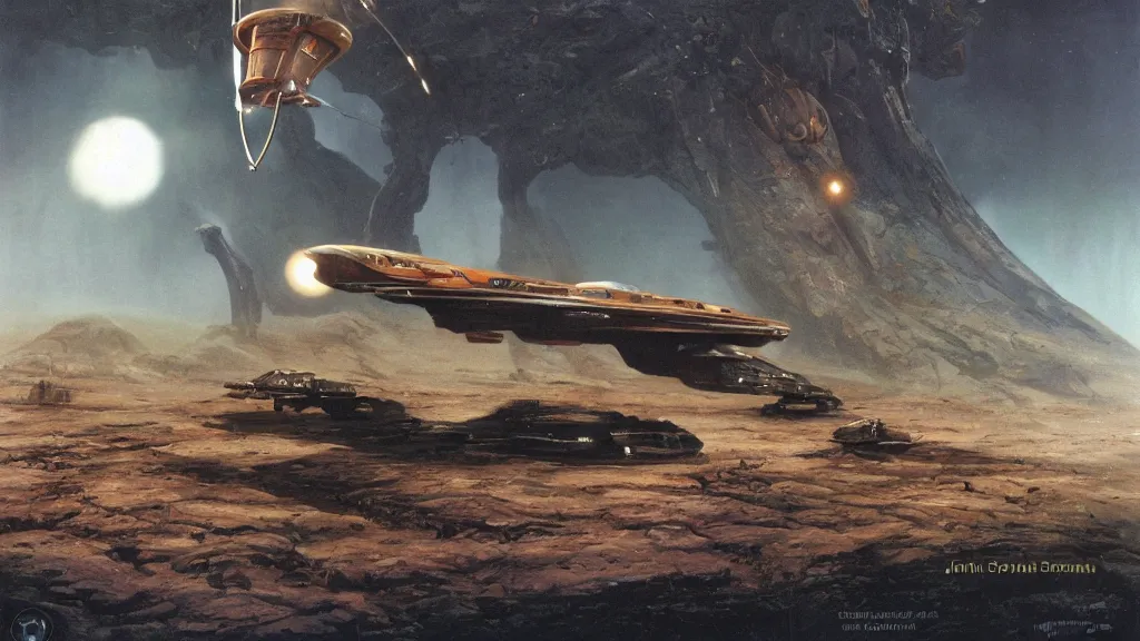 Image similar to organic dropship lander by john schoenherr and jim burns, epic cinematic matte painting