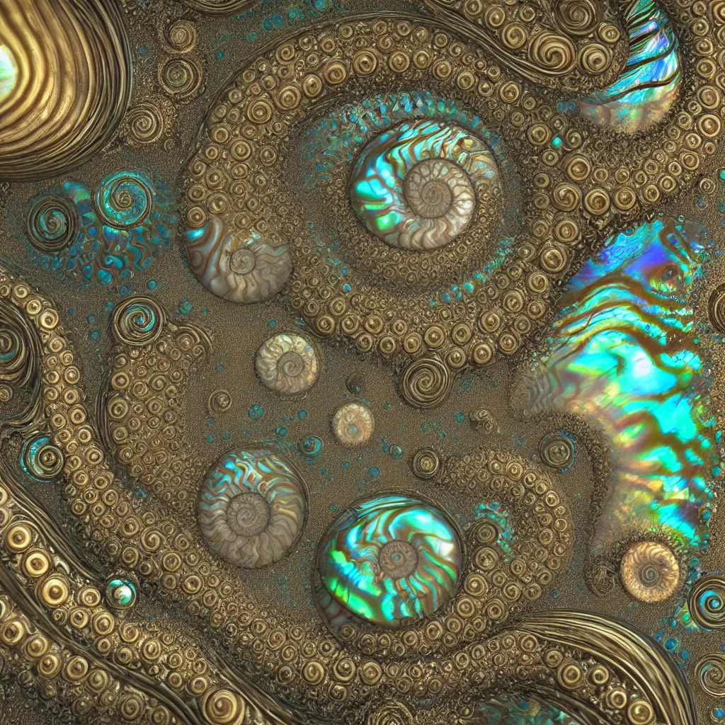 Prompt: bubbles in cresting oil slick waves, ammonites, abalone, ornate art nouveau glass ornament, rococo, organic rippling spirals, octane render, art forms from nature by ernst haeckel