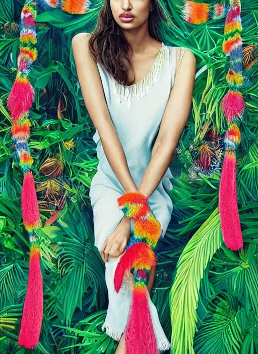 Image similar to beautiful portrait of Irina Shayk wearing fantastic Hand-dyed cotton dress,embellished beaded feather decorative fringe knots ,colorful pigtail,subtropical flowers and plants,symmetrical face,Pantone,intricate,elegant,highly detailed,8k,post-processing,digital painting,trending on pinterest,harper's bazaar,concept art, sharp focus, illustration, by artgerm,Tom Bagshaw,Lawrence Alma-Tadema,greg rutkowski,alphonse Mucha