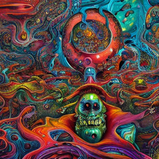 Image similar to a fine hyper - detailed painting of complex conceptual moments in chaotic dreams with deformed beings that appear and disappear, cosmic horror psychedelic weird bizarre art