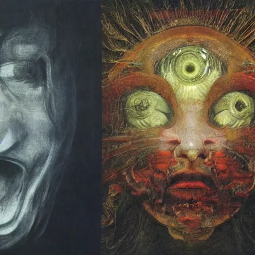 Prompt: an oil painting by botticelli, by arcimboldo, by yoshitaka amano, by beksinski seen through a kaleidoscope, detailed, high resolution