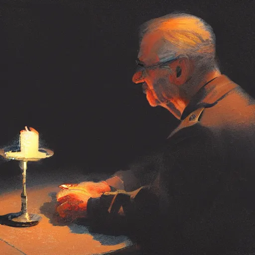 Image similar to A old comunist man, artwork by Craig Mullins, portrait, black background, candle lights, trending on artstation, cinematic