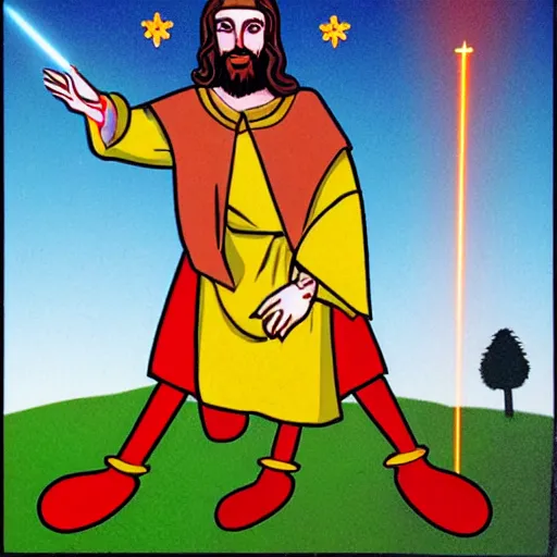 Prompt: jesus shooting lasers at small clowns on the grassland, mozaic style