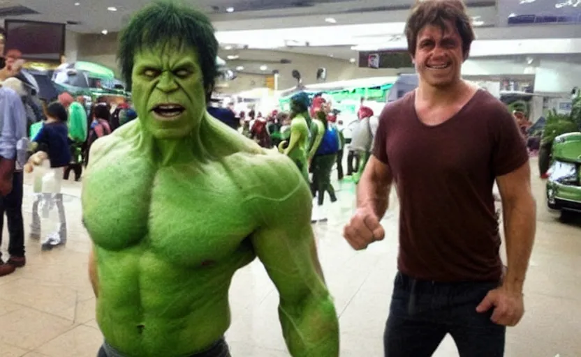 Image similar to a bad quality picture of a dude poorly cosplaying the incredible hulk,