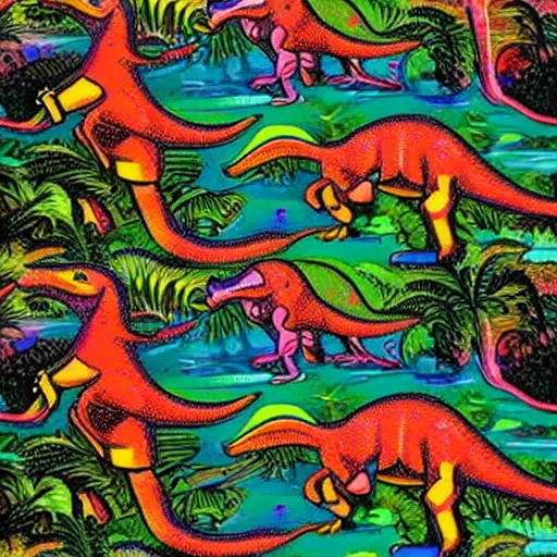 Prompt: dinosaurs on lsd