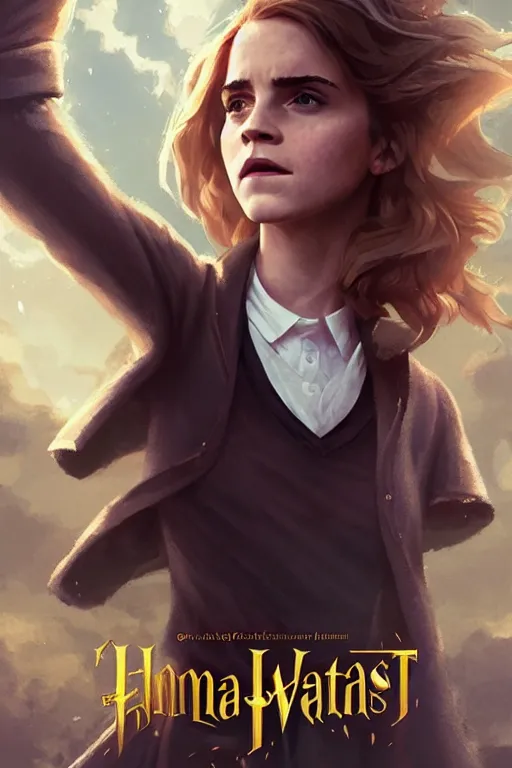 Prompt: Poster artwork, Emma Watson as Hermione Granger, wearing hogwarts robes, magnificent, medium shot, close up, details, sharp focus, elegant, highly detailed, illustration, by Jordan Grimmer and greg rutkowski and PiNe(パイネ) and 薯子Imoko and 香川悠作 and wlop!! and maya takamura, intricate, beautiful, Trending artstation, pixiv, digital Art