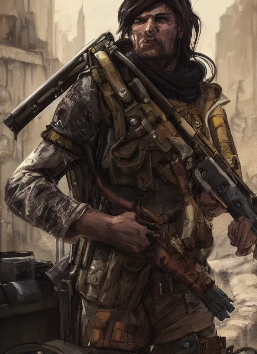 Image similar to A fantasy comic book style portrait painting of a sniper in a post apocalyptic setting, unreal 5, DAZ, hyperrealistic, octane render, RPG portrait, dynamic lighting