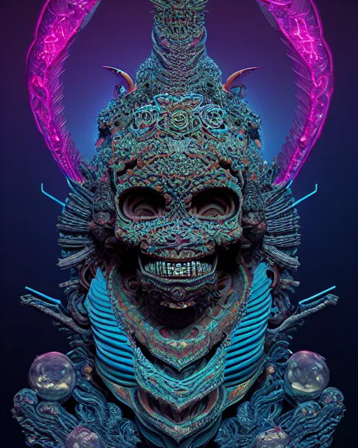 Image similar to 3 d ornate carved dark cosmic goddess with profile portrait, sigma 5 0 0 mm f / 5. beautiful intricate highly detailed quetzalcoatl skull. bioluminescent, plasma, lava, ice, water, wind, creature, thunderstorm! artwork by tooth wu and wlop and beeple and greg rutkowski, 8 k trending on artstation