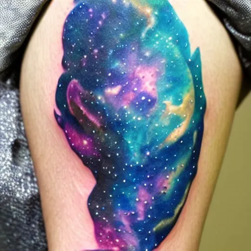 Image similar to A galaxy wolf shaped nebula watercolor tattoo, highly detailed,