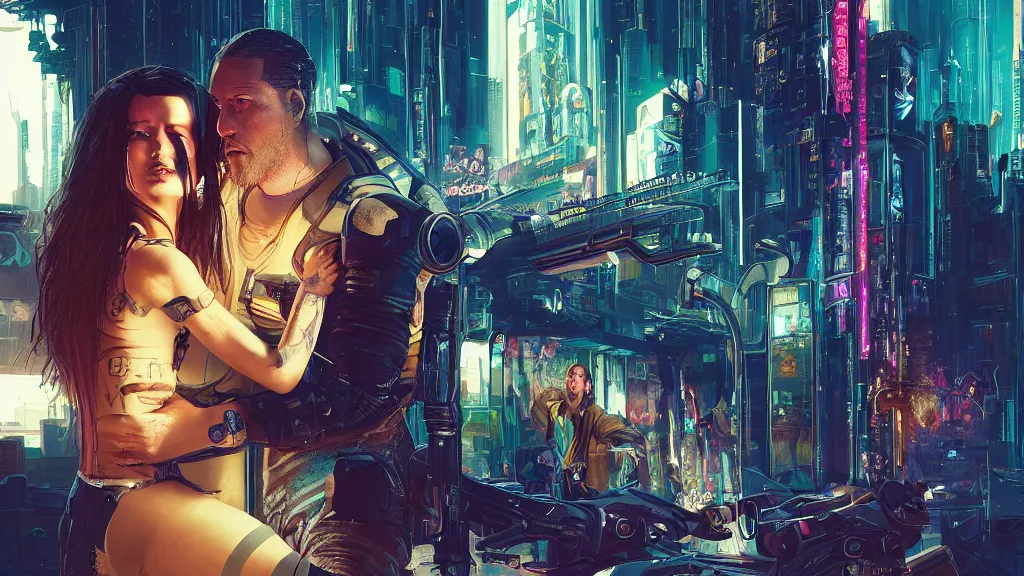 Prompt: a cyberpunk 2077 srcreenshot couple portrait of jhony silverhand & female android in kiss,love story,film lighting,by Laurie Greasley,Lawrence Alma-Tadema,Dan Mumford,John Wick,Speed,Replicas,artstation,deviantart,FAN ART,full of color,Digital painting,face enhance,highly detailed,8K,octane,golden ratio,cinematic lighting