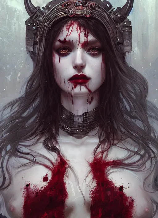 Image similar to portrait of beautiful cute pale gothic maiden covered in blood, warhammer 40000, cyberpunk, intricate, elegant, highly detailed, digital painting, artstation, concept art, smooth, sharp focus, illustration, art by artgerm and greg rutkowski and alphonse mucha and Gustav Klimt