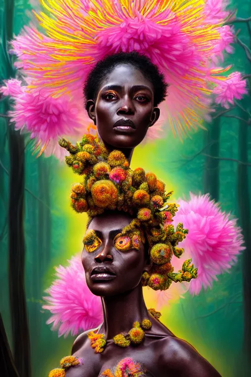 Prompt: hyperrealistic neo - rococo cinematic super expressive! yoruba goddess with exoskeleton armor, merging with tree in a forest, pink yellow flowers, highly detailed digital art masterpiece, smooth etienne sandorfi eric zener dramatic pearlescent soft teal light, ground angle hd 8 k, sharp focus