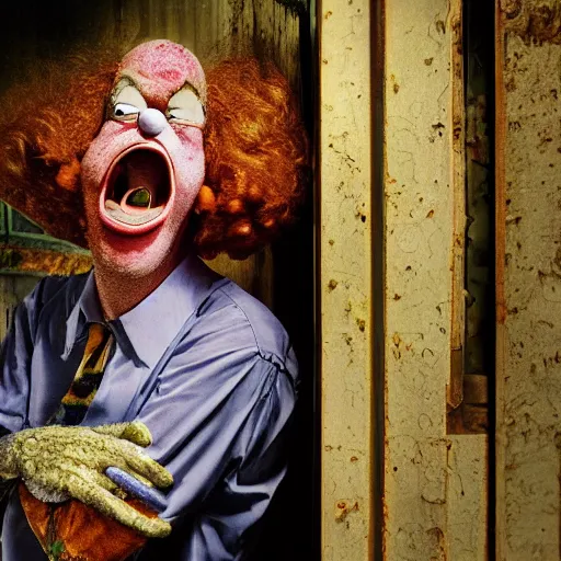 Image similar to UHD photo of Krusty The Clown in an abandoned building, by Annie leibowitz, photorealisitc ,detailed