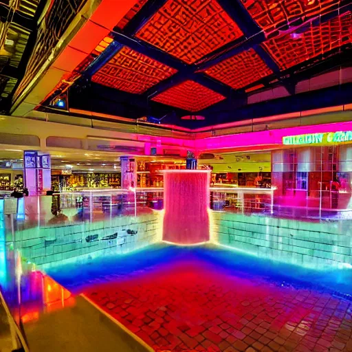 Image similar to A vast 80s shopping mall interior with an enormous water feature, water fountain, water falls, photo taken at night, neon pillars, large crowd, red brick