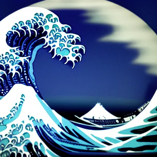 Image similar to a photo of a circular marble statue of The Great Wave off Kanagawa, in a museum, 3D, sculpture