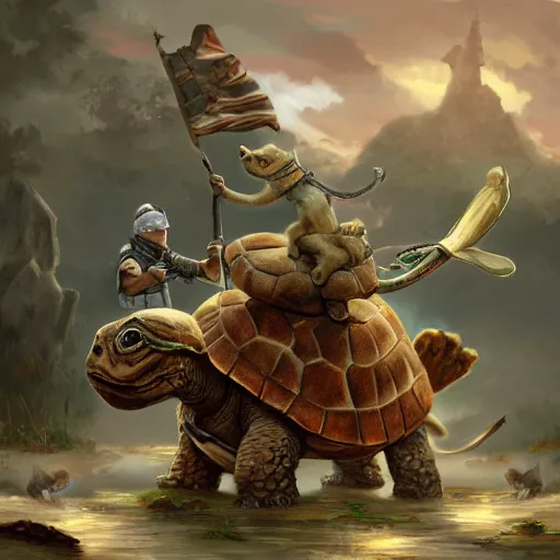 Prompt: white soldier kittens riding giant turtles, battalion, digital oil painting, trending on artstation