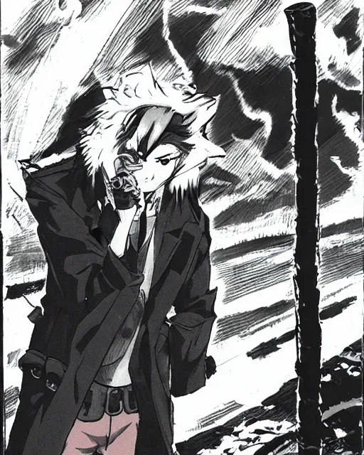 Image similar to a fox in a black trench - coat, smoking a cigarette in front of a huge explosion in the middle of a war, style of anime