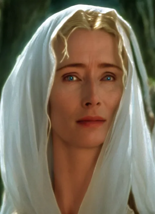 Image similar to film still of Emma Thompson as Arwen in The Lord of the Rings, 4k