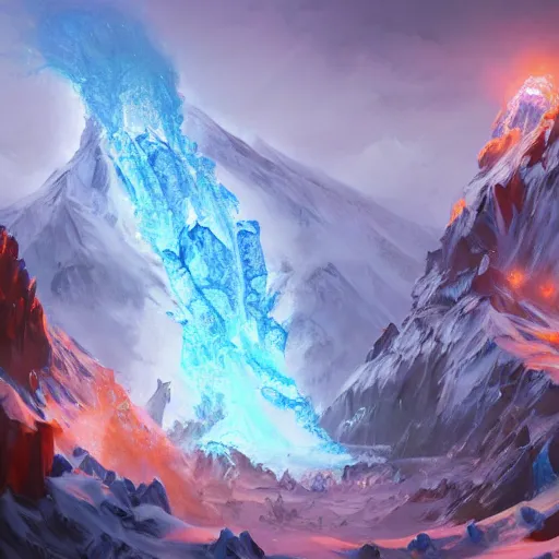 Prompt: blue glacier volcano eruption, blue glacier volcano eruption, blue liquid and snow, blue glacier volcano eruption, ice cold blue theme, bright masterpiece artstation. 8 k, sharp high quality artwork in style of jose daniel cabrera pena and greg rutkowski, concept art by tooth wu, blizzard warcraft artwork, hearthstone card game artwork