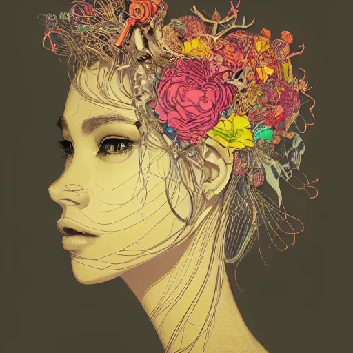 Prompt: the head of a beautiful woman, an ultrafine detailed illustration by james jean, final fantasy, intricate linework, bright colors, behance contest winner, vanitas, angular, altermodern, unreal engine 5 highly rendered, global illumination, radiant light, detailed and intricate environment