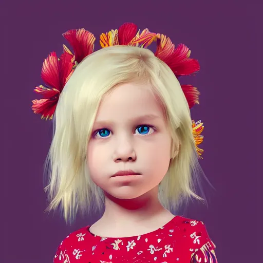 Image similar to 3 year old swedish girl, blonde, hibiscus in hair, artstation